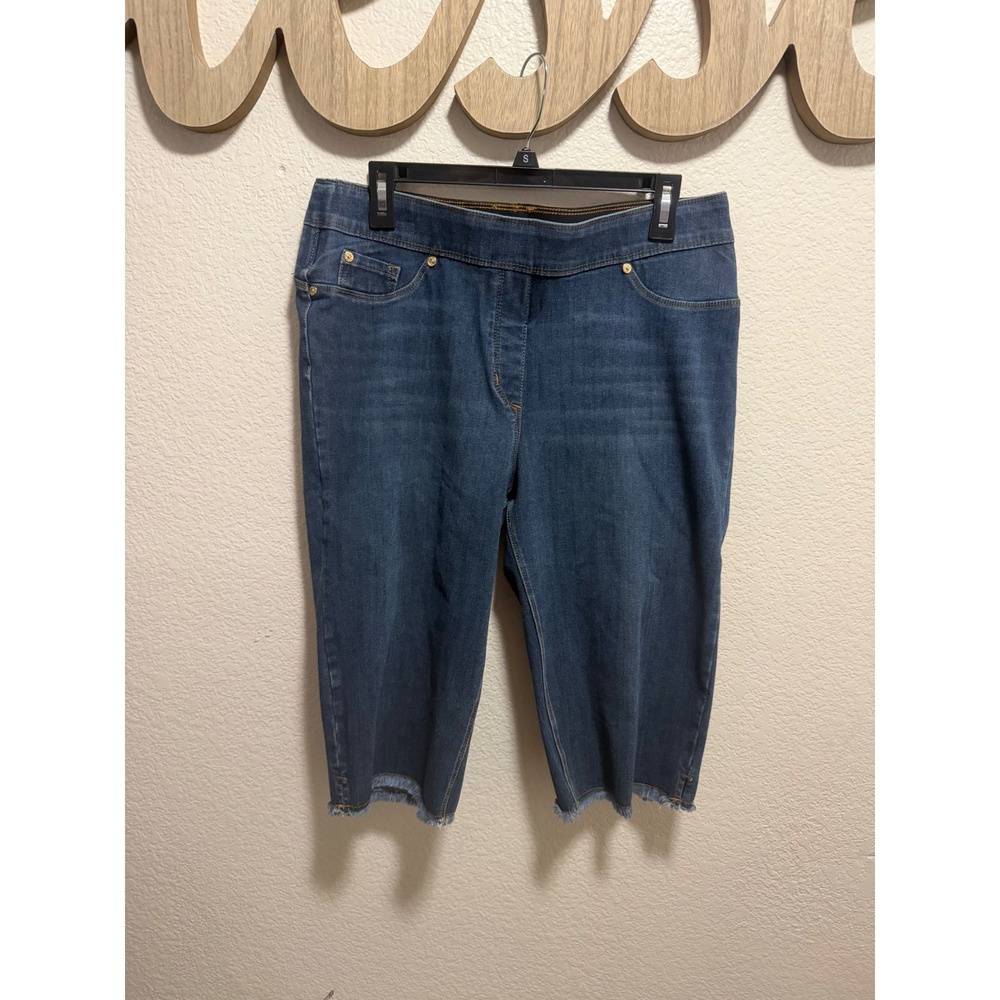 Luxe Denim Women Blue Pull On Capri Jeans 4 Way Stretch Frayed Hem Size L 14-16